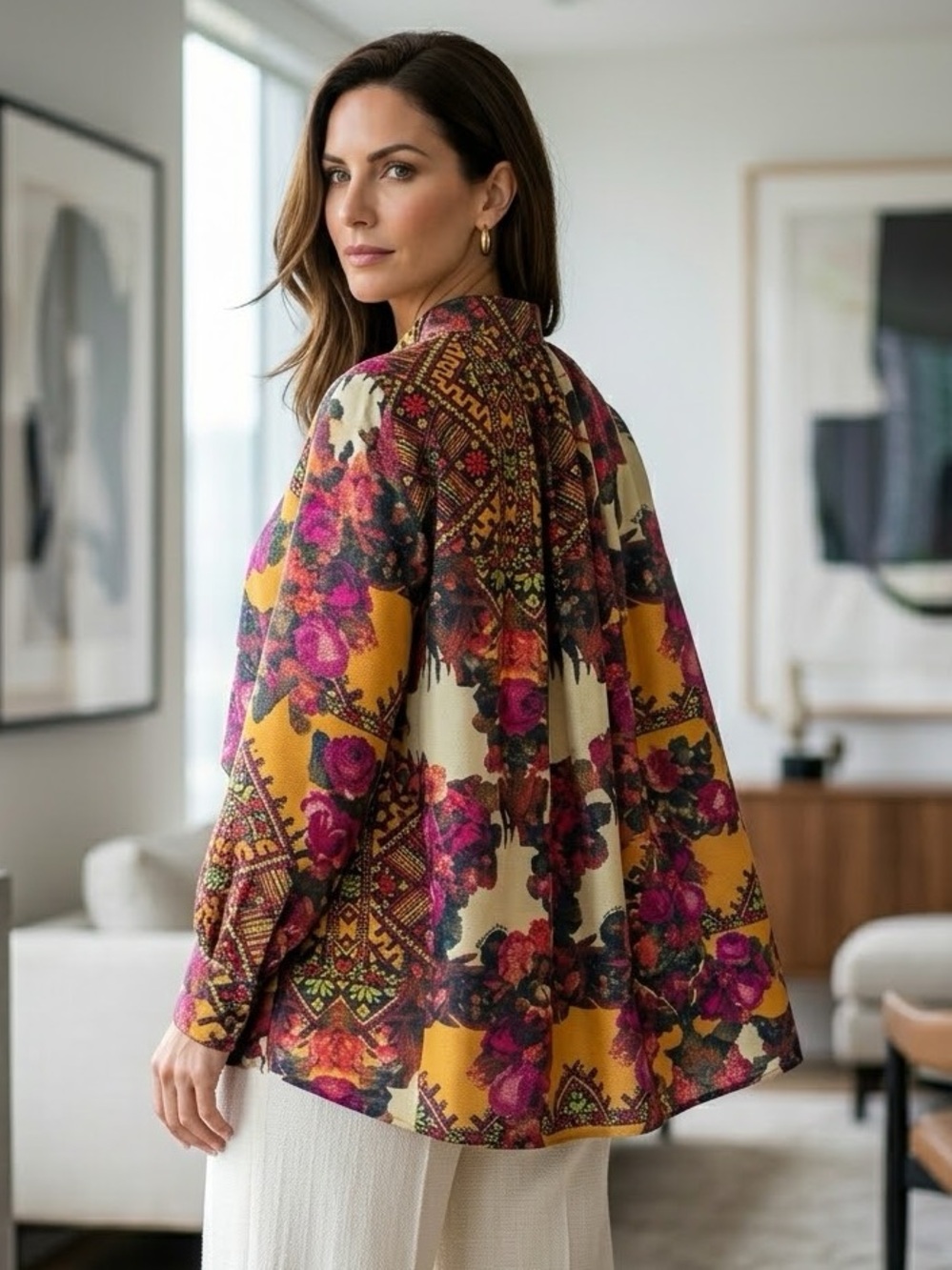 Rare Adriana Barra Boho Silk Blend Blouse Mixed Floral Geometric Print - Medium